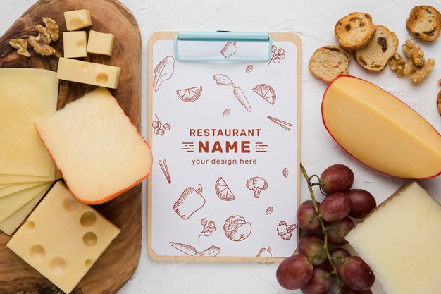Free Composition Of Delicious Foods With Clipboard Mock-Up Psd