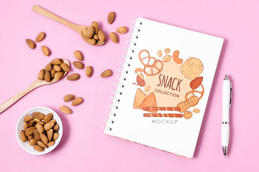 Free Composition Of Snacks With Notebook Mock-Up Psd