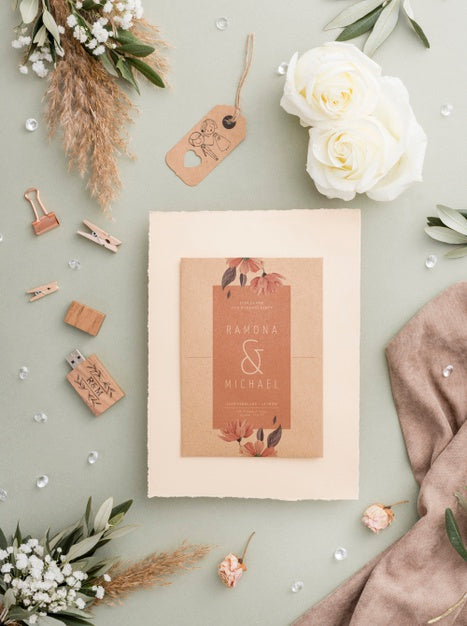 Free Composition Of Wedding Elements With Invitation Mock-Up Psd