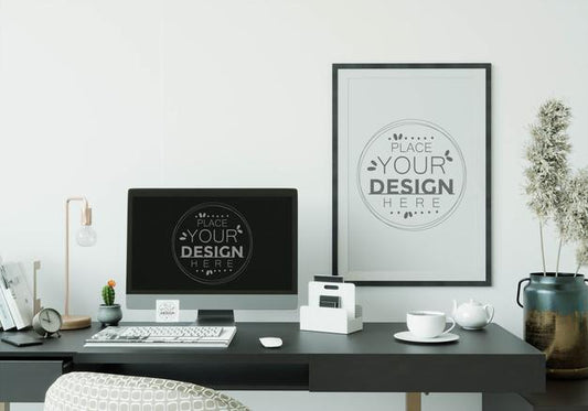 Free Computer On Table In Work Space Mockup Psd