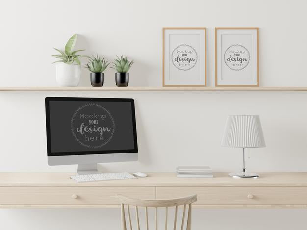 Free Computer On Table In Work Space Mockup Psd