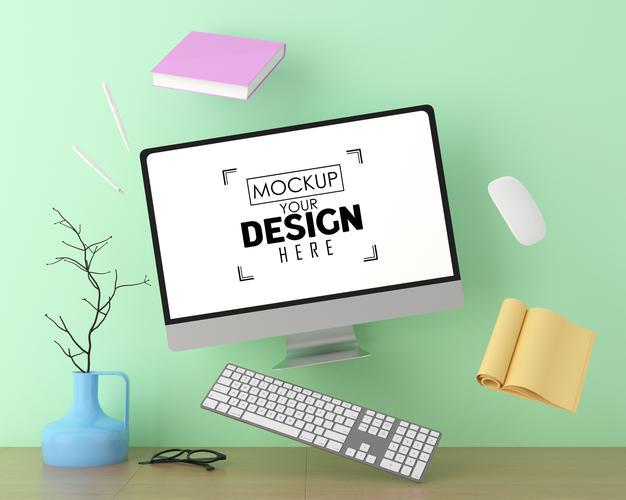 Free Computer On Table In Work Space Psd Mockup Psd