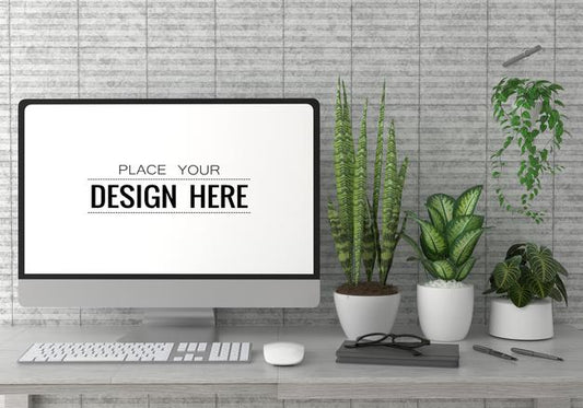 Free Computer On Table In Work Space Psd Mockup Psd