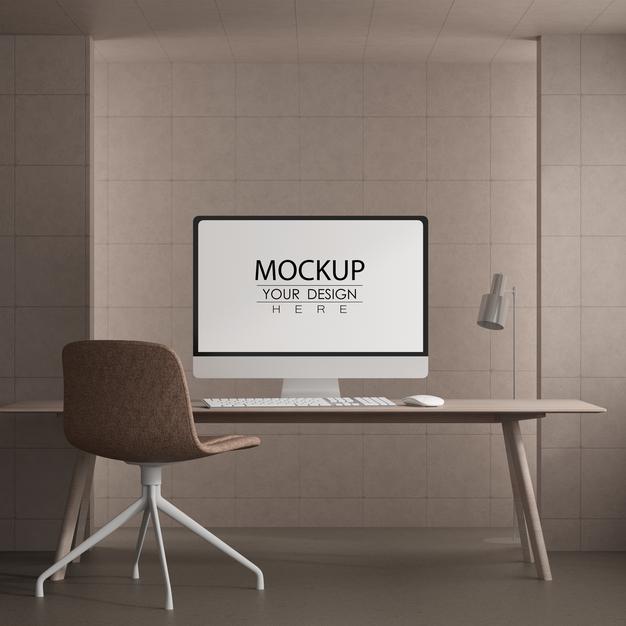 Free Computer On Table In Work Space Psd Mockup Psd