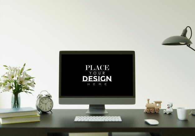 Free Computer On Table In Workspace Mockup Psd