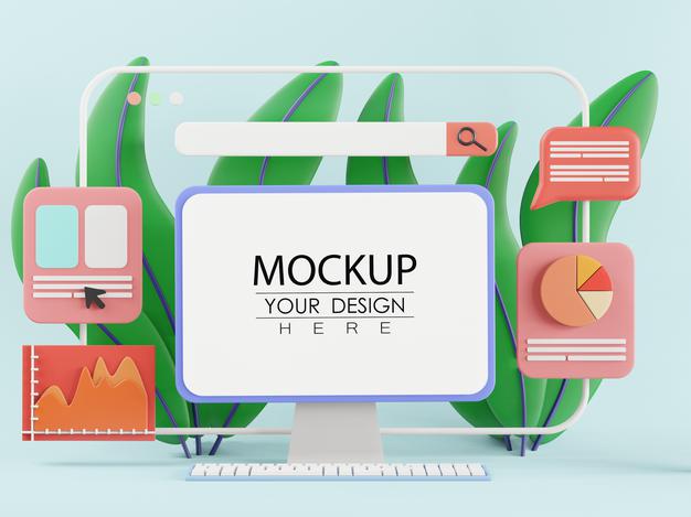 Free Computer On Table In Workspace Mockup Psd