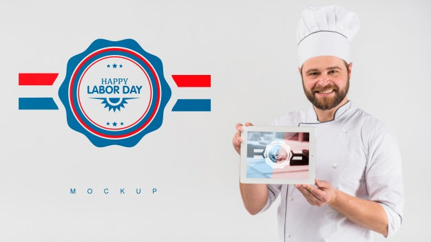 Free Cook Holding Tablet Mockup For Labor Day Psd