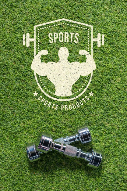 Free Copyspace Mockup On Grass With Dumbbells Psd