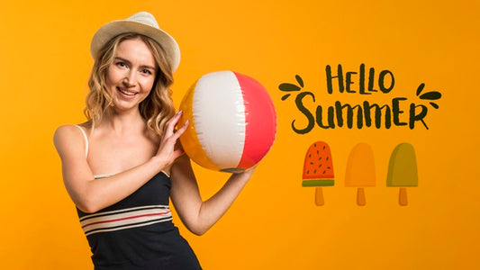Free Copyspace Mockup With Summer Concept Next To Attractive Woman Psd