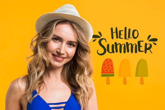 Free Copyspace Mockup With Summer Concept Next To Attractive Woman Psd