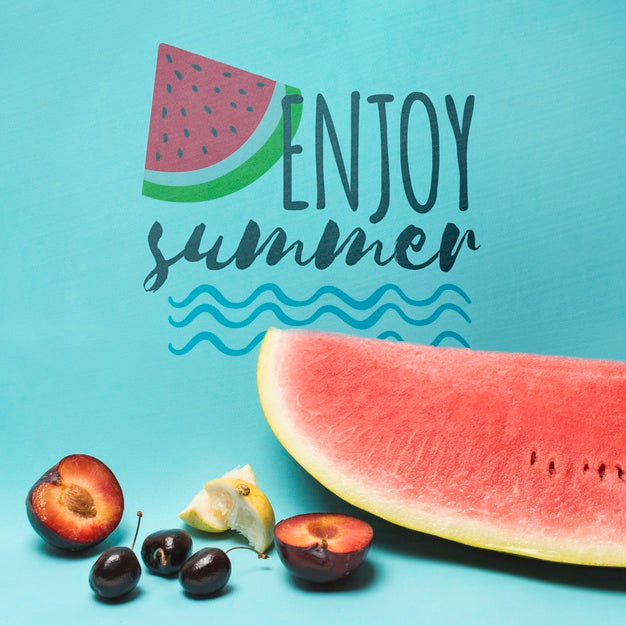Free Copyspace Mockup With Watermelon And Fruits Psd