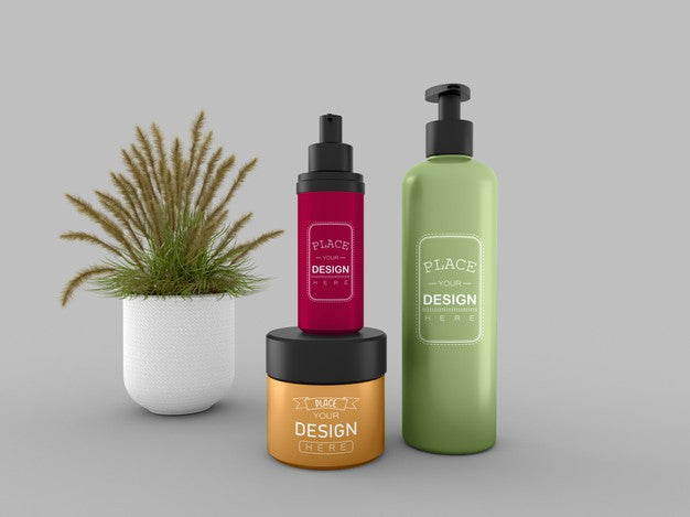 Free Cosmetic Cream Container And Bottle Mockup For Cream, Lotion, Serum, Skincare Blank Bottle Packaging. Psd