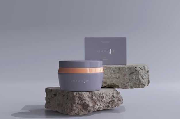 Free Cosmetic Jar And Box Mockup On Rocks Psd