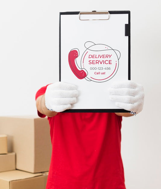 Free Courier Holding Clipboard Near Parcels Mock-Up Psd
