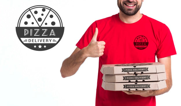 Free Courier Pizza Boy Holding Boxes And Thumbs Up Psd
