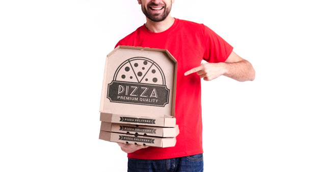 Free Courier Pizza Boy Holding Boxes For Delivery Psd