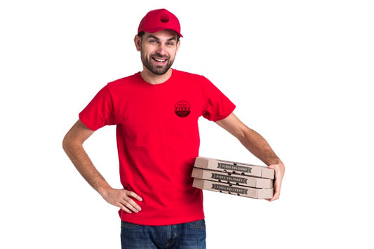 Free Courier Pizza Boy Holding Boxes Psd
