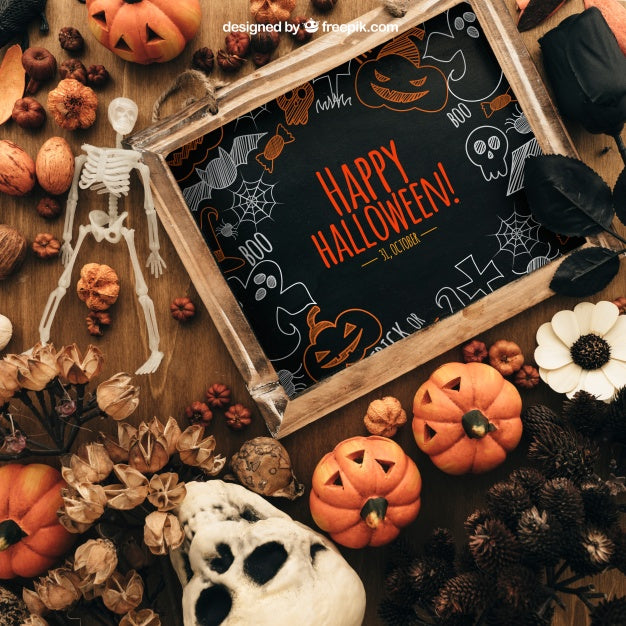 Free Creative Halloween Mockup With Slate Psd