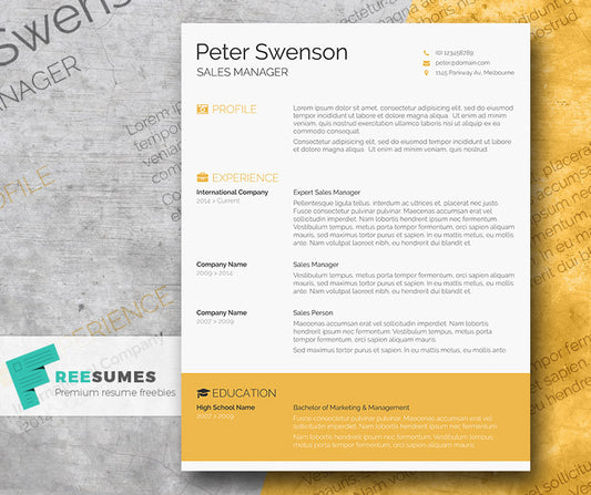 Free Modern Goldenrod Yellow CV Resume Template in Minimal Style in Microsoft Word (DOC) Format
