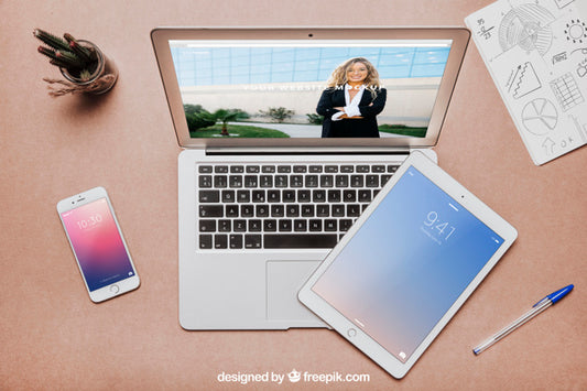 Free Creative Workspace Mockup With Laptop And Tablet Psd