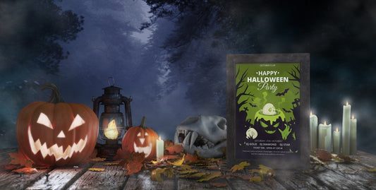 Free Creepy Halloween Arrangement With Movie Poster And Pumpkins Psd