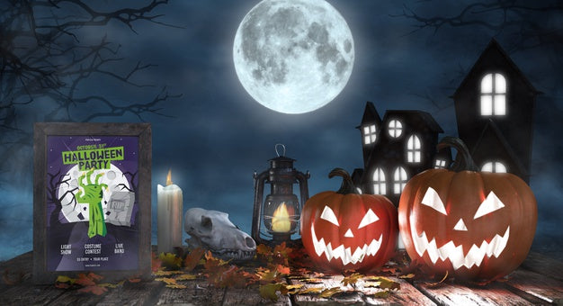 Free Creepy Halloween Arrangement With Movie Poster Psd