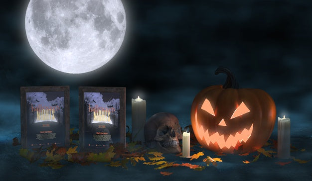 Free Creepy Halloween Arrangement With Movie Posters And Scary Pumpkin Psd