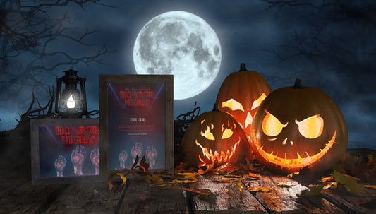Free Creepy Halloween Arrangement With Scary Pumpkins And Framed Horror Posters Psd