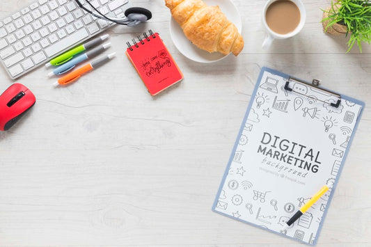 Free Croissant Coffee Desk Stuff And Notebook Mock-Up Psd