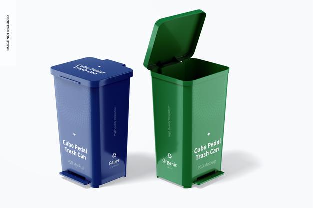Free Cube Pedal Trash Cans Mockup, Opened And Closed Psd