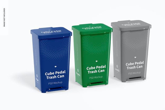 Free Cube Pedal Trash Cans Set Mockup Psd
