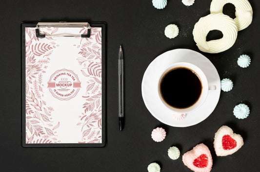 Free Cup Of Coffee And Candies Clipboard Mock-Up Psd