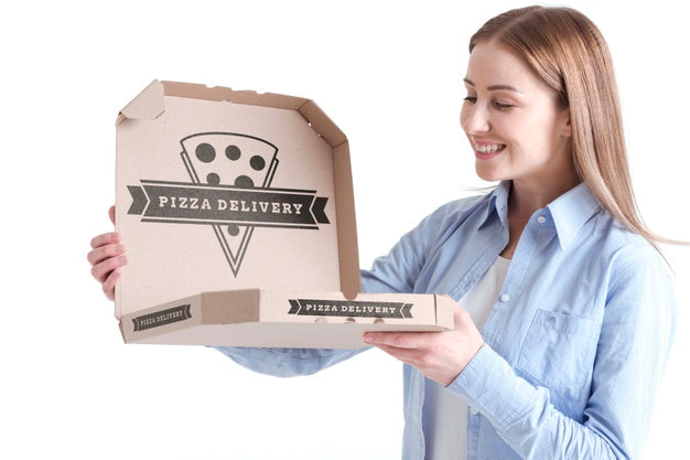 Free Customer Woman Holding The Delivery Pizza Box Psd