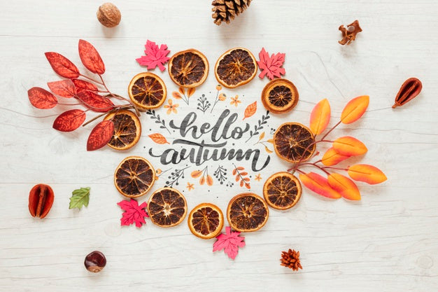 Free Cute Autumn Arrangement Of Leaves And Dried Oranges Psd
