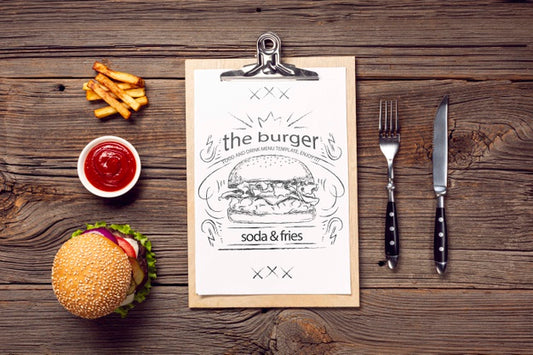 Free Cutlery And Burger With Fries Menu On Wooden Background Psd