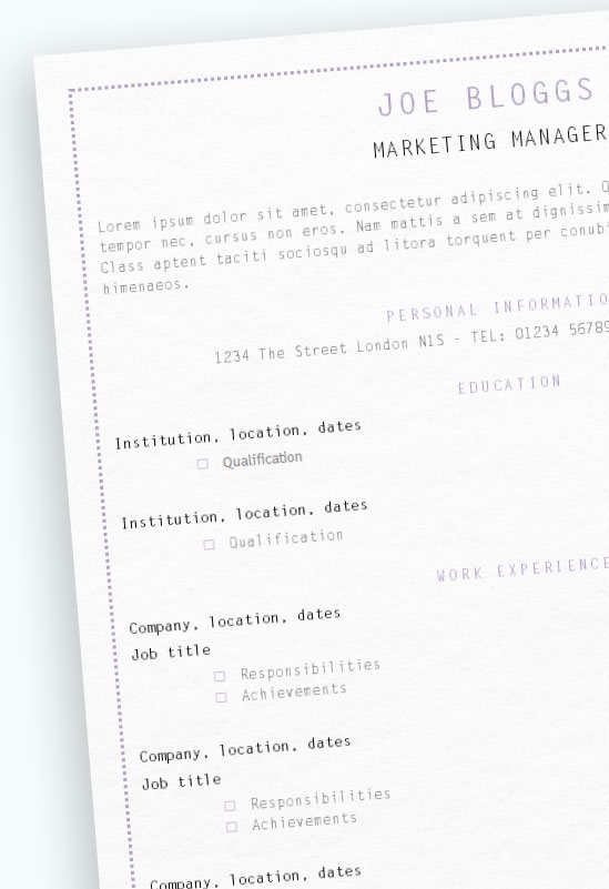 Free Narrow Lilac Text Only CV Resume Template in Microsoft Word (DOCX) Format