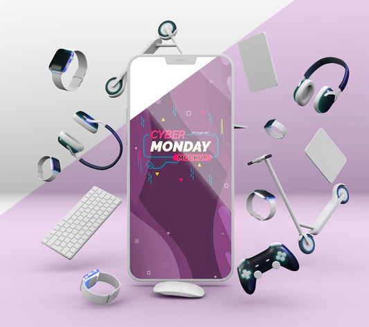 Free Cyber Monday Sale Arrangement With Mobile Phone Mock-Up Psd