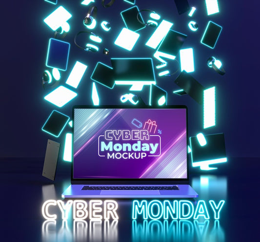 Free Cyber Monday Sale Assortment With New Laptop Mock-Up Psd
