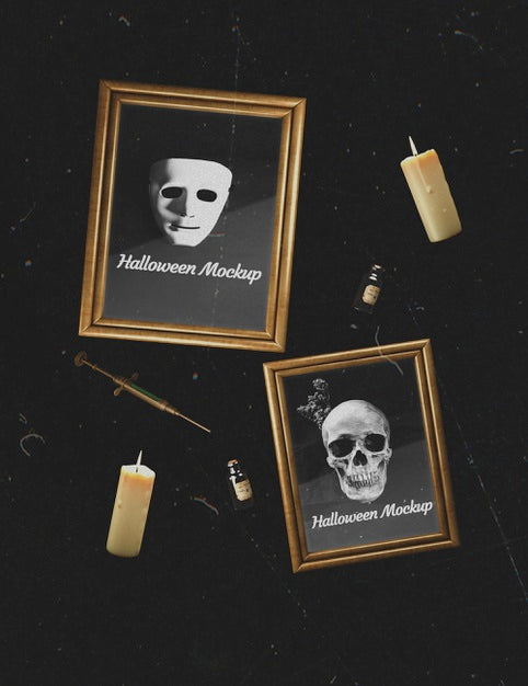Free Dark Background With Skull And Mask Mock-Up Frames Psd