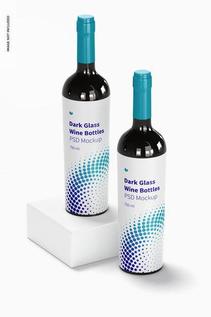 Free Dark Glass Wine Bottles Mockup, Perspective Psd