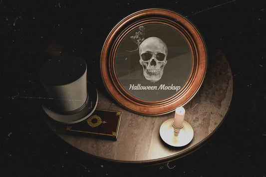 Free Dark Table Design Of Halloween Round Frame With Skull Psd