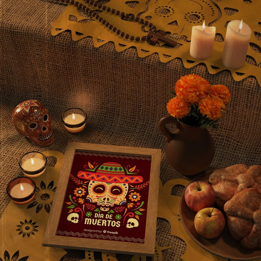 Free Day Of Dead Traditional Mexican Mock-Ups With Flowers Psd