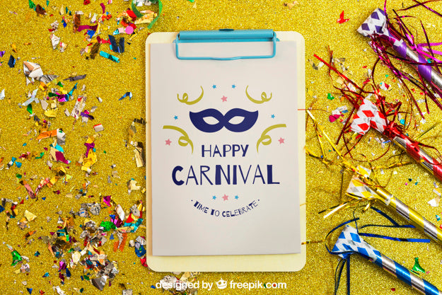 Free Decorative Carnival Mockup With Clipboard And Confetti Psd