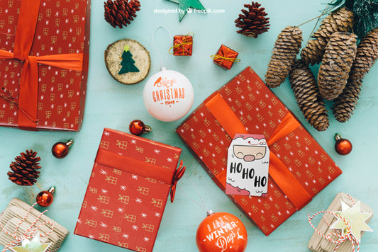 Free Decorative Christmas Mockup With Present Boxes Psd