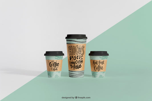 Free Decorative Mockup Of Three Coffee Cups Psd