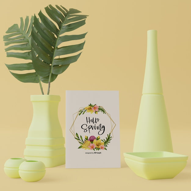Free Decorative Vases In 3D Concept With Spring Card Mock-Up Psd