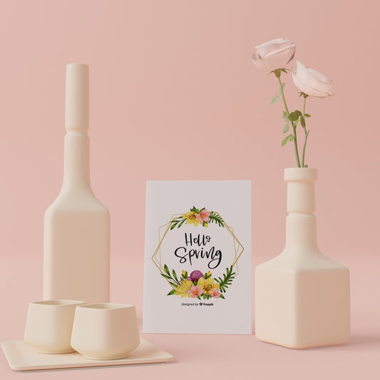 Free Decorative Vases In 3D Concept With Spring Card Psd