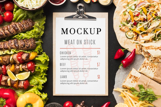 Free Delicious Meat Skewers Mock-Up And Clipboard Psd