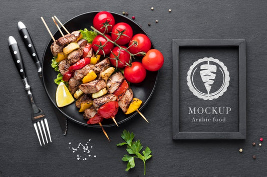 Free Delicious Meat Skewers Mock-Up And Tomatoes Psd