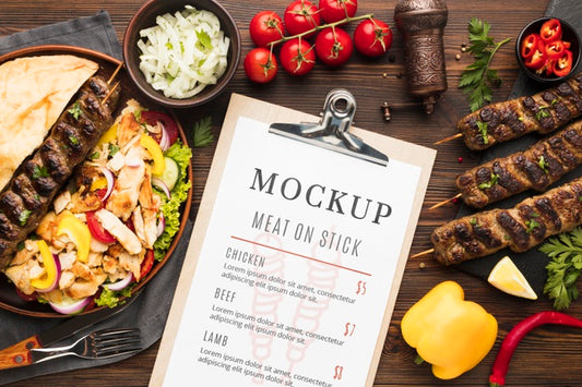 Free Delicious Meat Skewers Mock-Up Top View Psd
